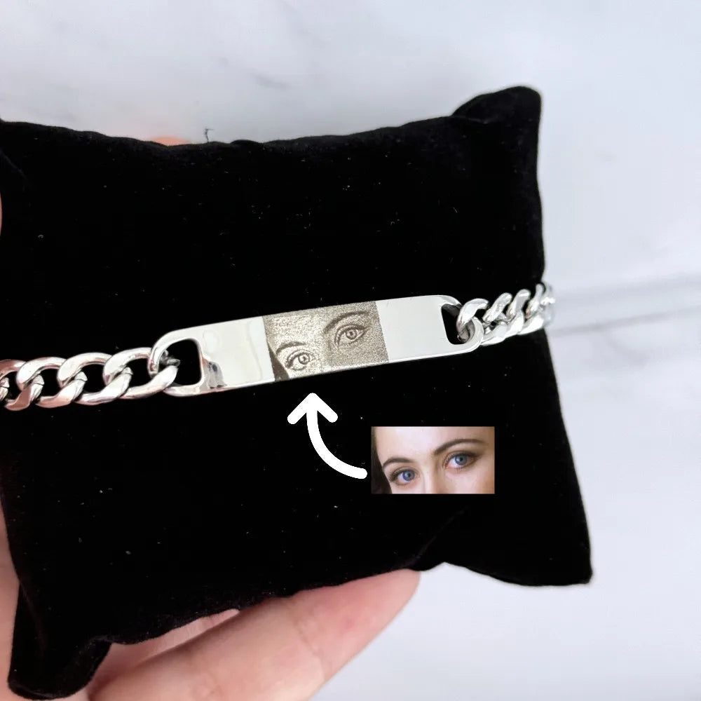 Custom Eyes Photo Bracelet Customized Engravable Picture Couple Bracelet Stainless Steel Cuban Chain Jewelry Gifts